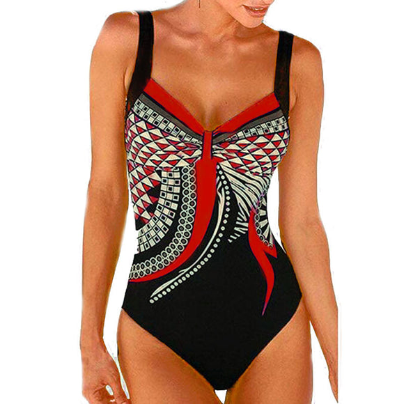 Women's swimsuit one-piece elegant strap retro printed