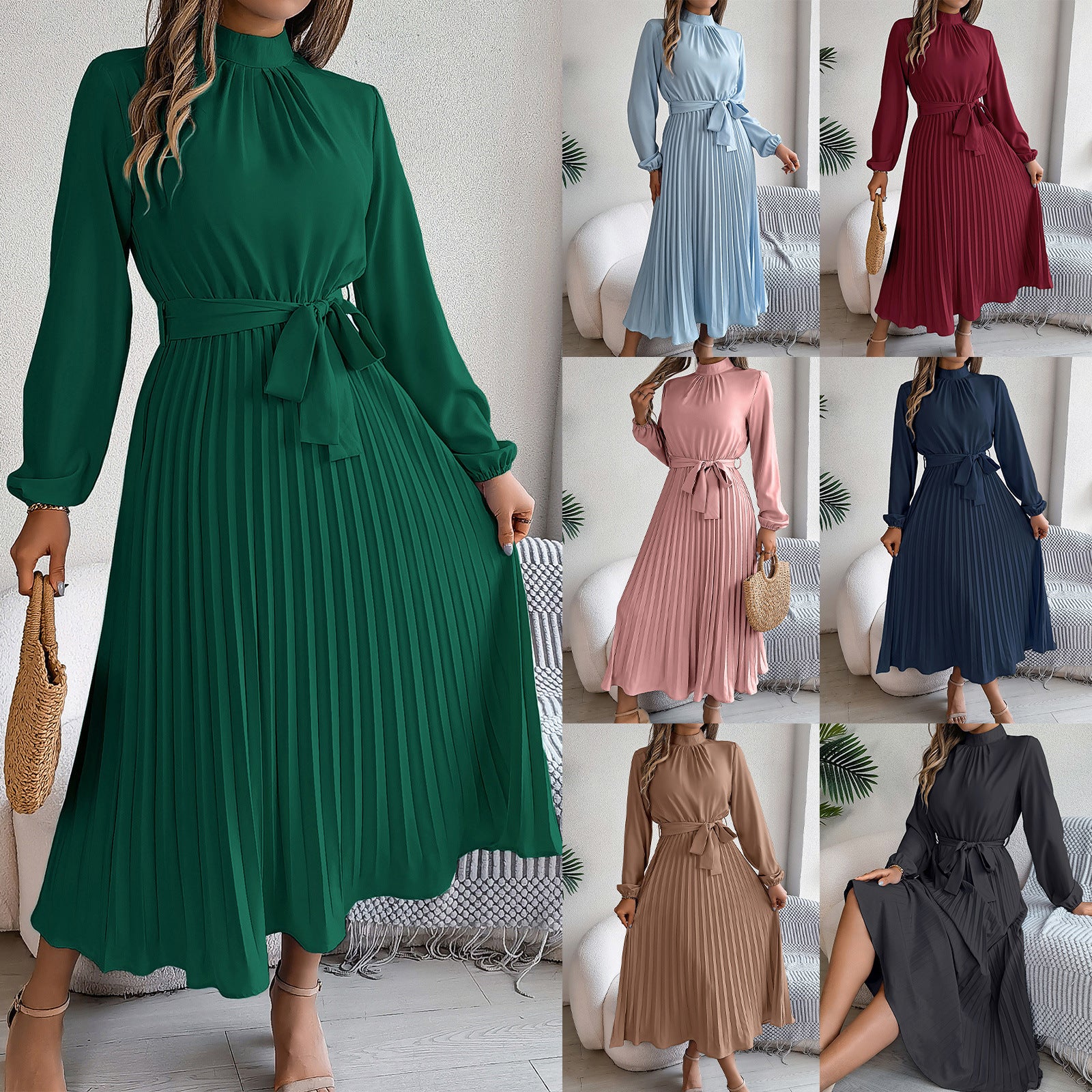 Women's dress flared pleated elegant belted long sleeve stand collar