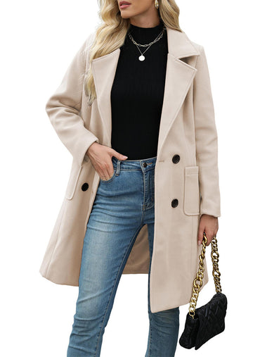 Buy beige Women’s Coat Elegant Slim-Fit Mid-Length Double-Breasted Turn-Down Collar