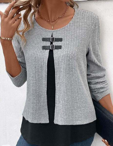 Women's Sweater knitted two-piece layered, long sleeves chic round neck