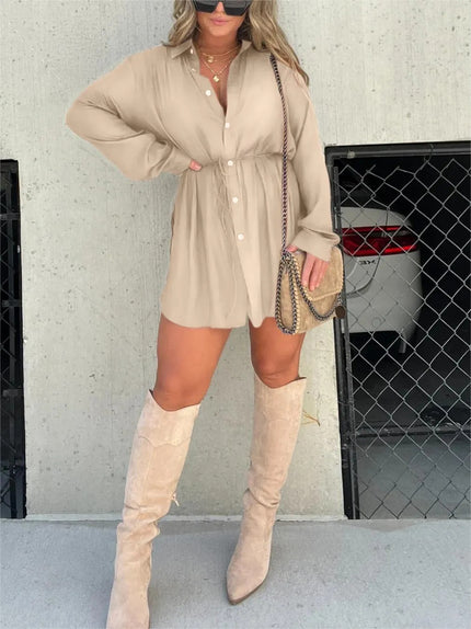 Elegant Satin Mini Dress Women Long-Sleeved Button-Up Chic Look