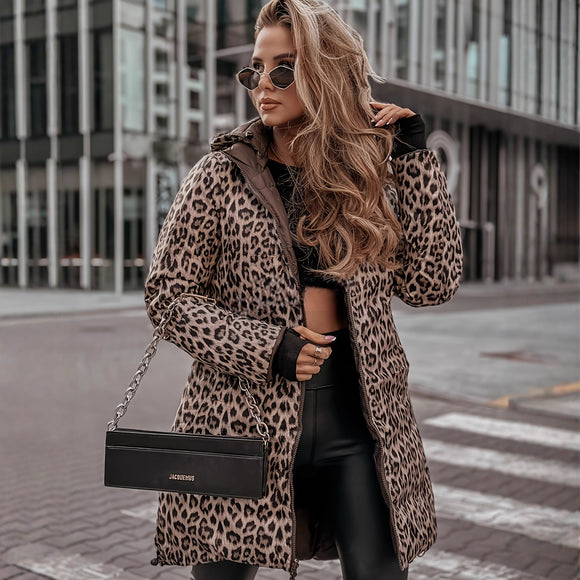 Women’s Coat Elegant Quilted Leopard Print Outerwear Strong Style