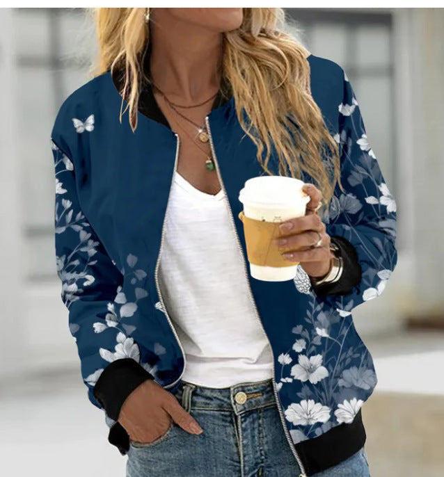 Women's jacket baseball elegant printed long sleeve zipper light