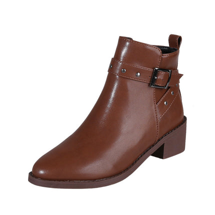 Buy brown Women's Boots Elegant Retro Chunky Heel Studded Buckle Pointed Toe