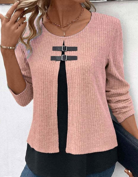 Women's Sweater knitted two-piece layered, long sleeves chic round neck