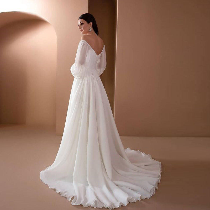 Dress Party long or Wedding pleated chiffon, off-the-shoulder sleeves