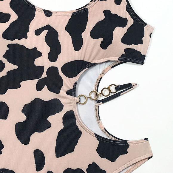 Women's swimsuit one-piece elegant ribbed cutout cow print