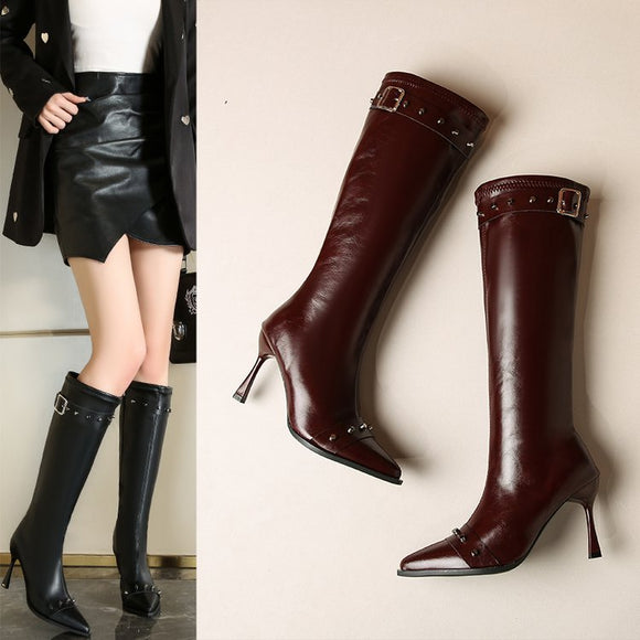 Women’s Boots Stiletto Stretch High Elegant Rivet Belt Buckle