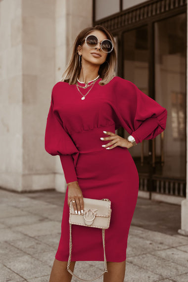 Women's dress elegant lantern sleeves trendy solid color