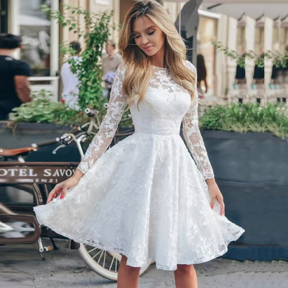 Women’s Short Wedding Dress Elegant Long Sleeve Lace A-Line Bridal Gown