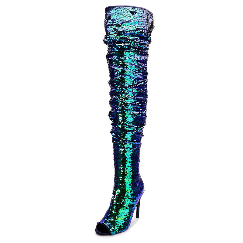 Women's Boots long high heels stiletto sequins elegant with fish mouth