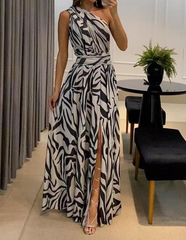 New Dress Exposed Back, Asymétrique Épaule Dénudée, Printed Maxi, Sexy