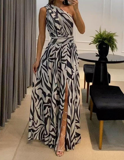 New Dress Exposed Back, Asymétrique Épaule Dénudée, Printed Maxi, Sexy