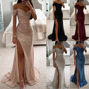 Women's Elegant Split Sequin Evening Dress Off Shoulder