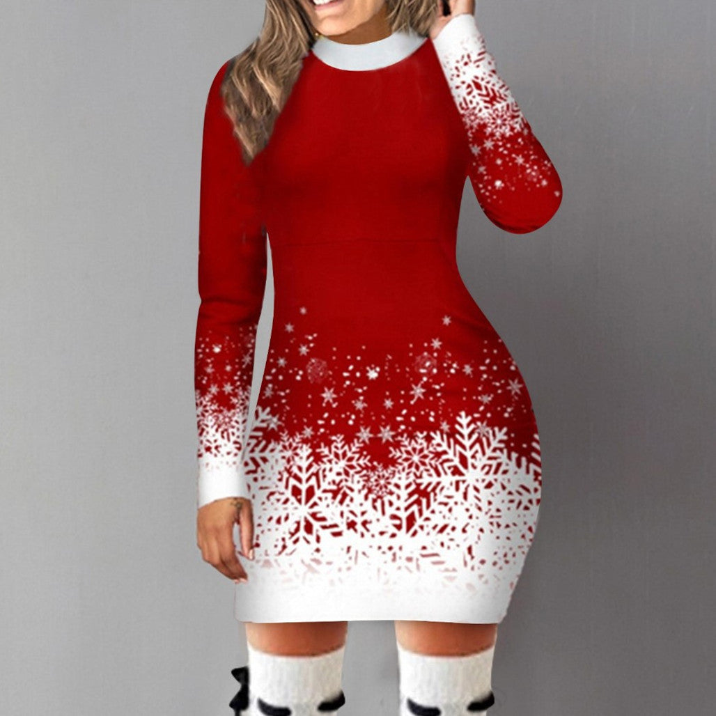 Women's dress elegant long sleeve Christmas print