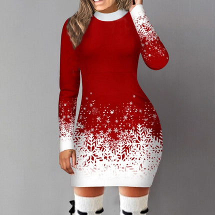 Women's dress elegant long sleeve Christmas print