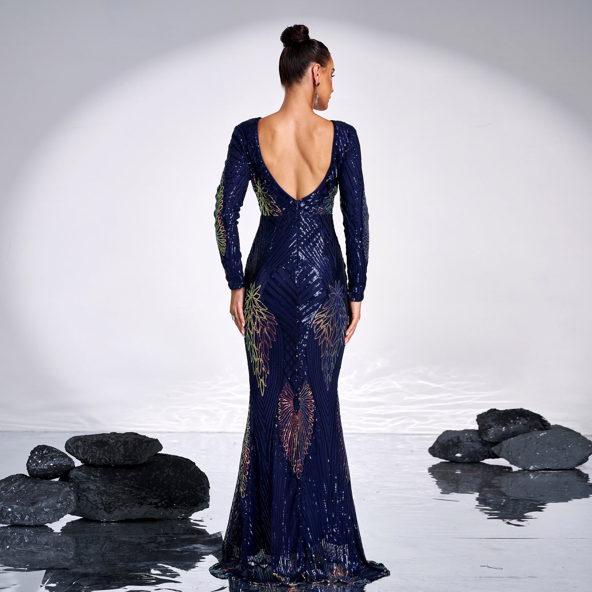 Women's evening dress long banquet sequined long sleeves sexy elegant