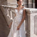 Women's Wedding Dress Detachable Train Round Neck Slim Lace Appliques