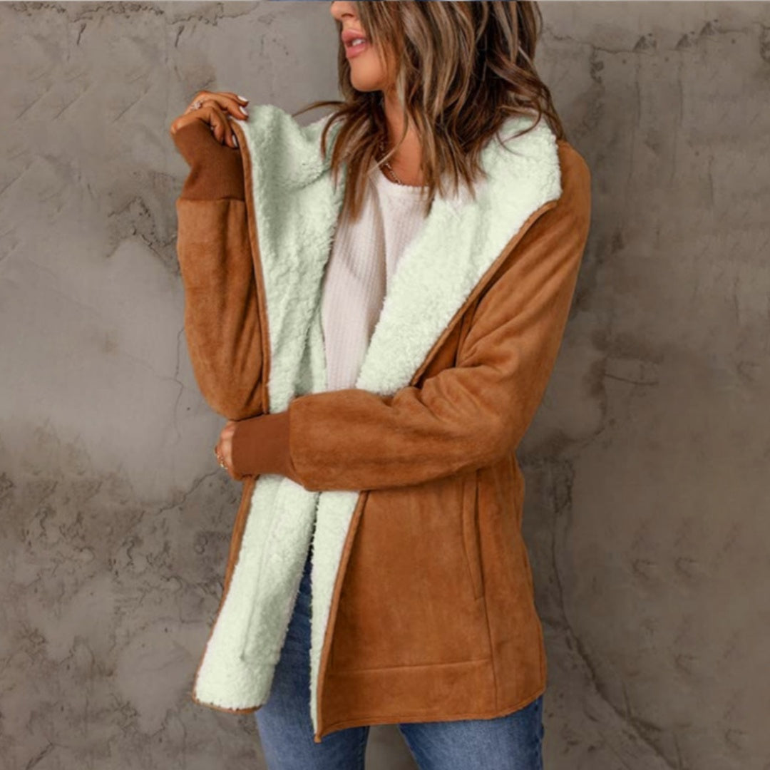 Women's coat warm plush long sleeves trendy open front vintage solid