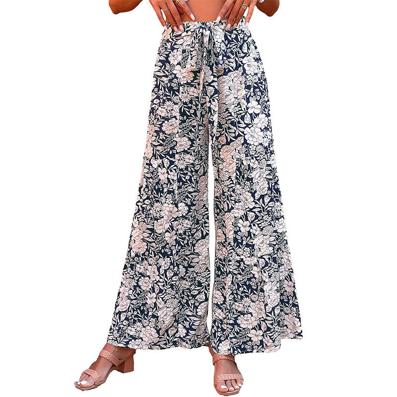 Women's Tie-Waist Floral Wide Leg Pants, Summer Trousers, Printed