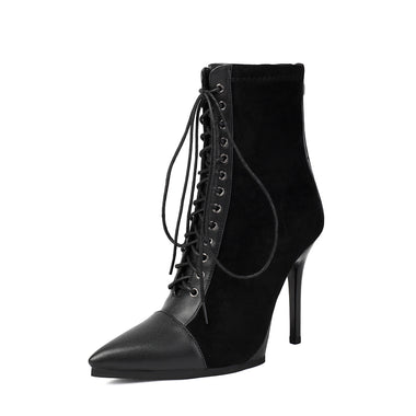 Comprar negro Botas cortas de mujer con tacón alto elegantes puntiagudas con cordón