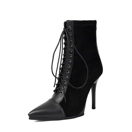 Buy black Women's Short Boots High Heels Elegant Pointed Knight Drawstring