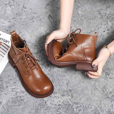 Buy brown-with-velvet-style Women's Ankle Boots elegant Soft Leather Waterproof Platform Round Head
