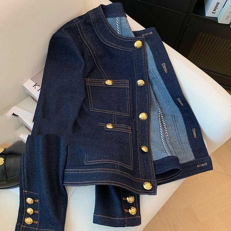 Women's jacket denim elegant blue retro round neck high quality