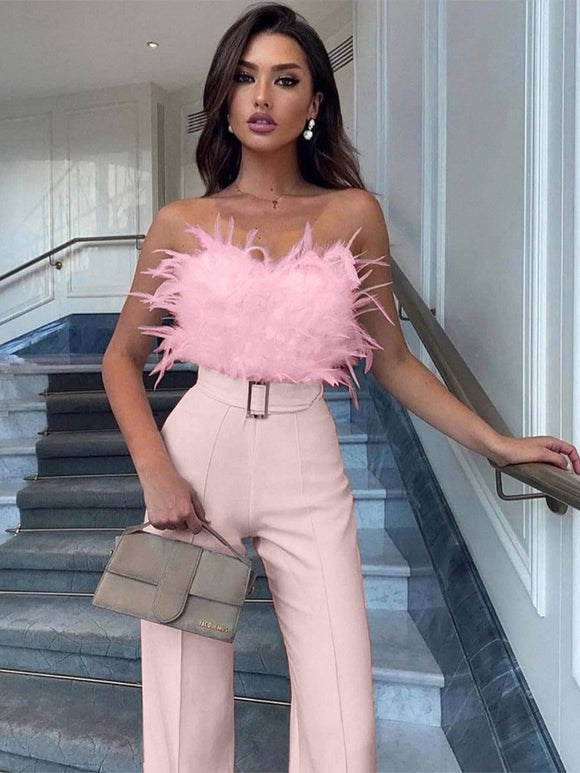 Women’s Jumpsuit Elegant Ceremony Feather Tube Top Wide Leg Pants