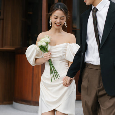Women’s Mini Wedding Mermaid Dress Elegant Off Shoulder Puff Sleeve Gown