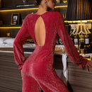 Women’s Jumpsuit Elegant Sequin Cutout Round Neck Long Sleeve