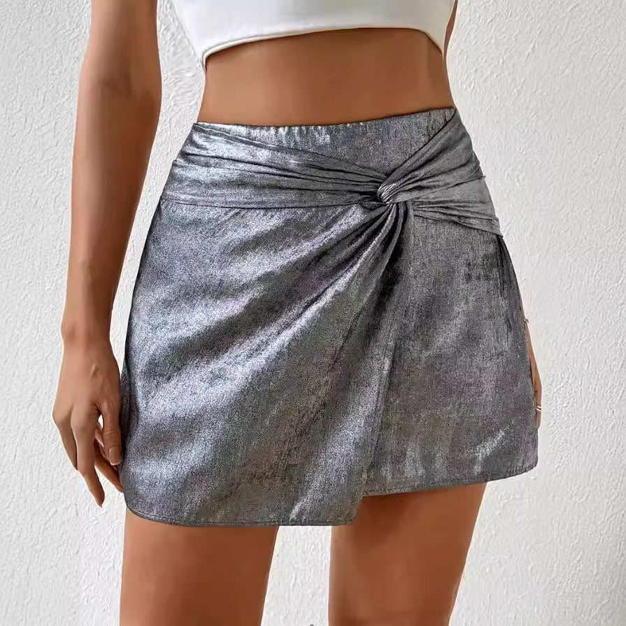 Women's mini skirt elegant pleated with bow metallic