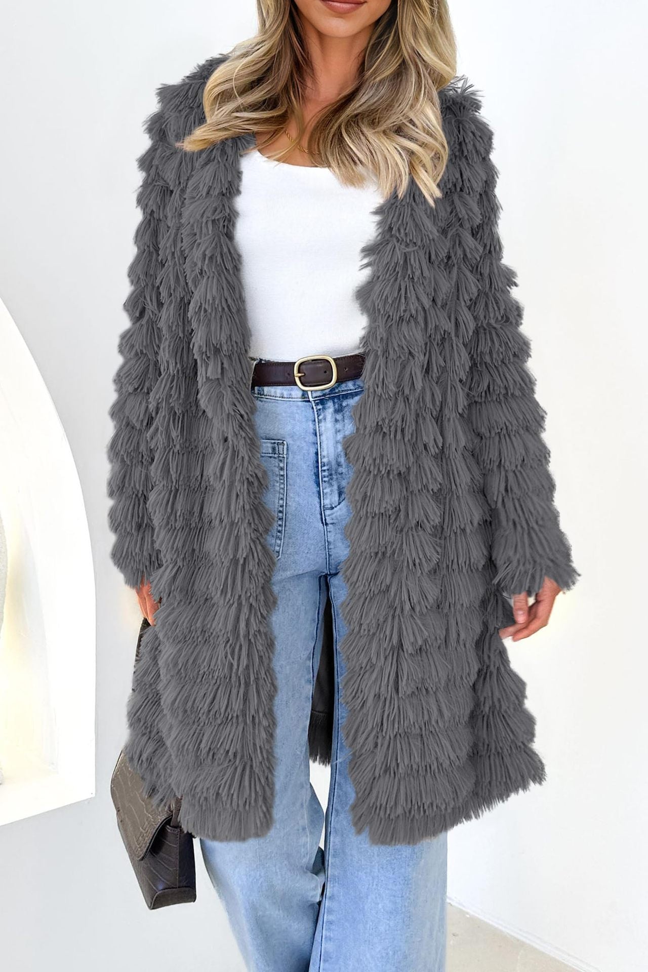 Women's jackets faux fur long sleeve Long cardigan open on the front