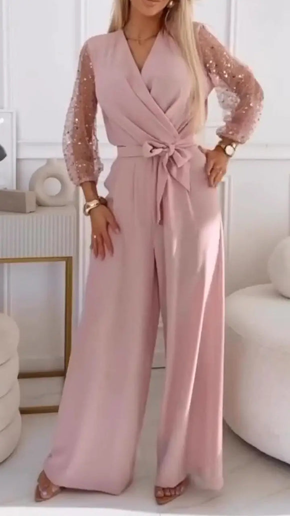 Women's Elegant Jumpsuit Sequined Top Wide Leg Pants Casual Suit