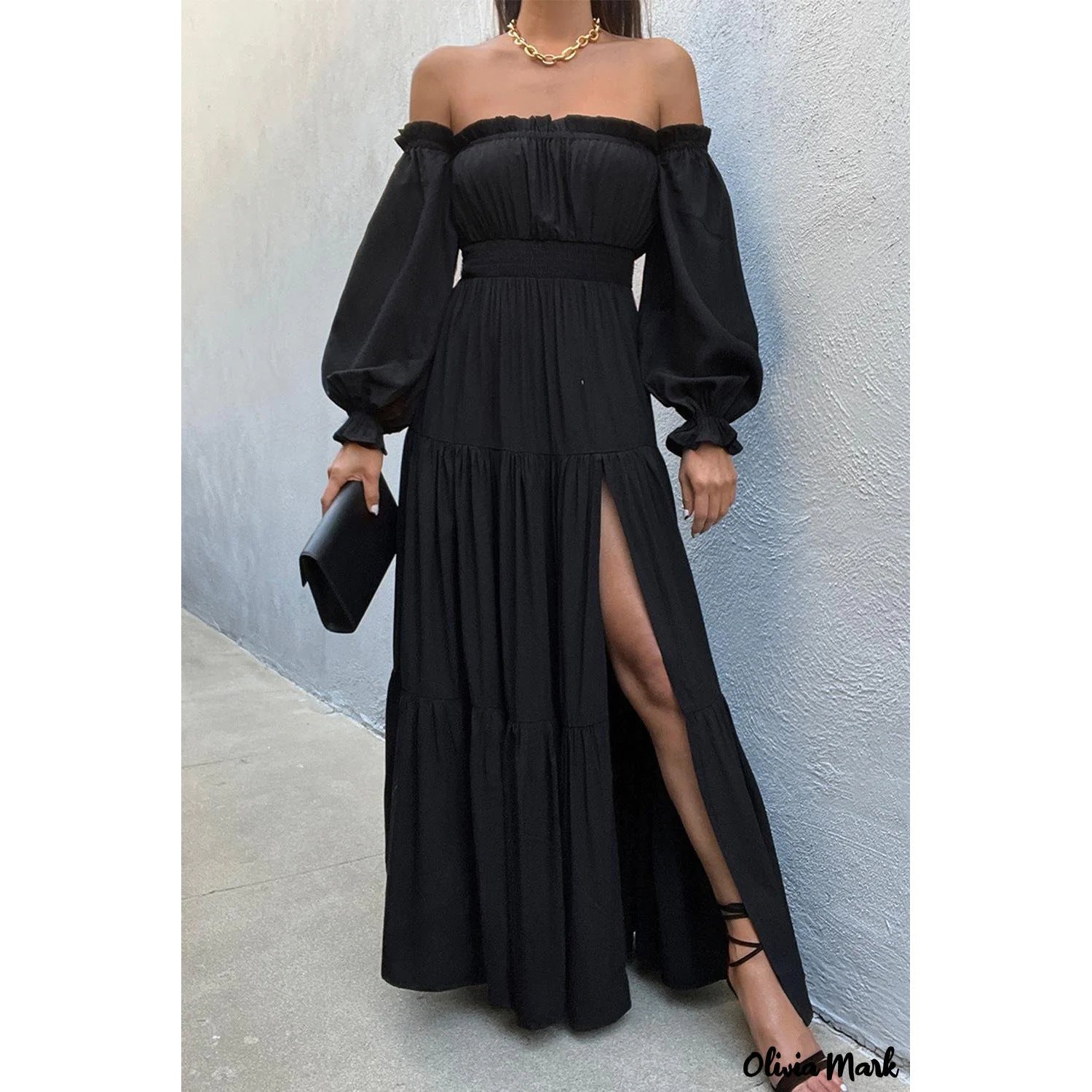 Women's maxi dress off shoulders ruffled long sleeves high slit