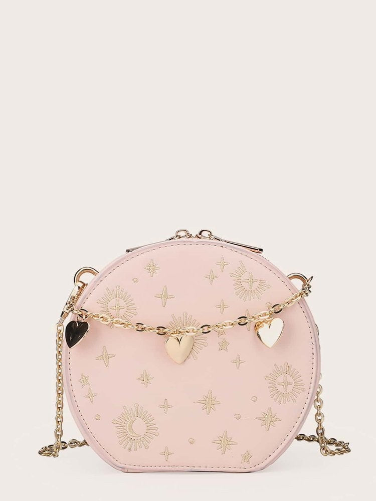 Women's bag round messenger elegant embroidered crossbody chain