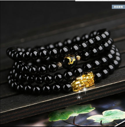 Buy european-currency-golden-pixiu Women's Bracelet Mala beads obsidian prayer 108 for healing meditation