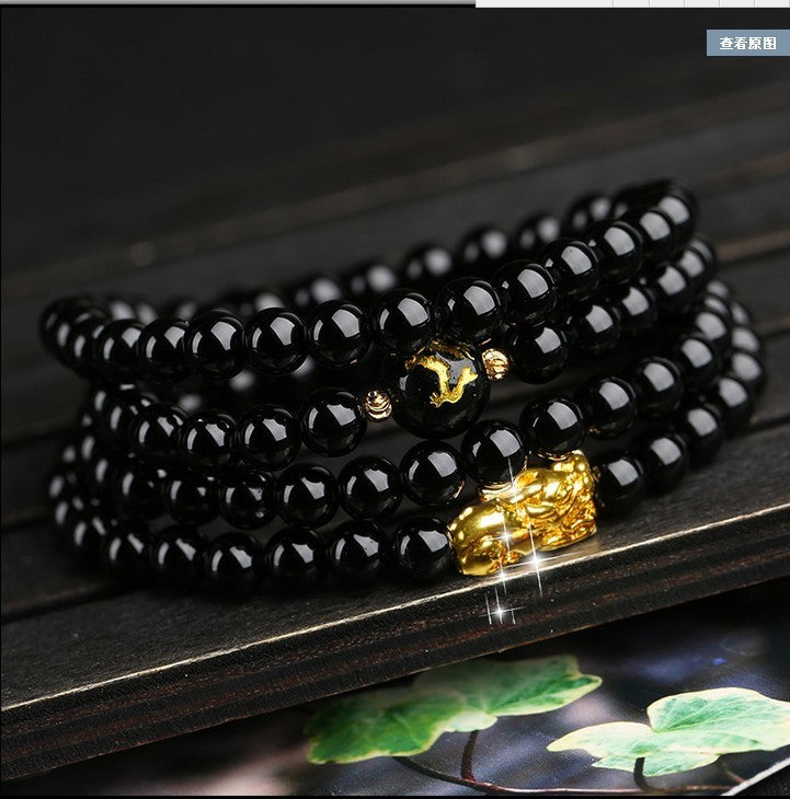 Acheter la-monnaie-europeenne-pixiu-dor Bracelet Mala perles obsidienne prière 108 pour la guérison méditation