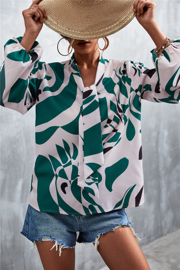 Elegant Women's Shirt with Bow Tie, Chiffon, Printed Long Sleeve