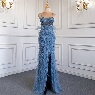 Buy blue Women's party dress with feathers and straps elegant fitted cut banquet