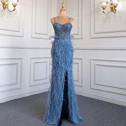 Buy blue Women's party dress with feathers and straps elegant fitted cut banquet