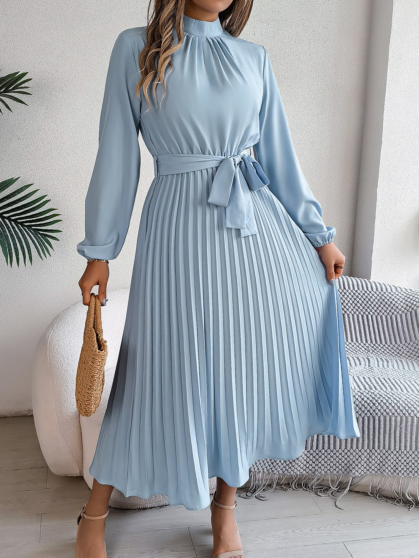 Women's dress flared pleated elegant belted long sleeve stand collar