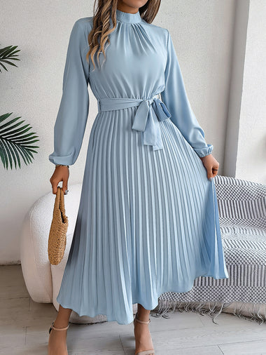 Women's Elegant Dress Flared Pleated Belted Long Sleeve Stand Collar