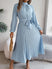 Women's Elegant Dress Flared Pleated Belted Long Sleeve Stand Collar