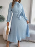Women's Elegant Dress Flared Pleated Belted Long Sleeve Stand Collar