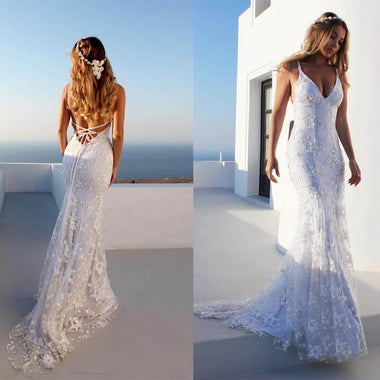 Women's Wedding Sexy Bridal Dress Straps Lace Backless V Neck