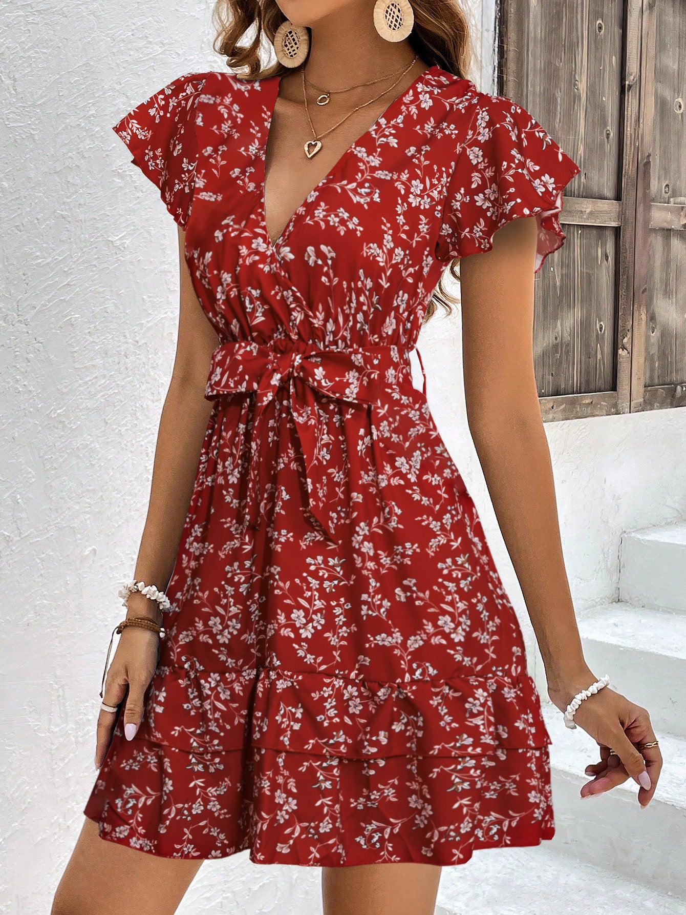 Women's mini dress Bohemian casual printed ruffle sleeve with belt