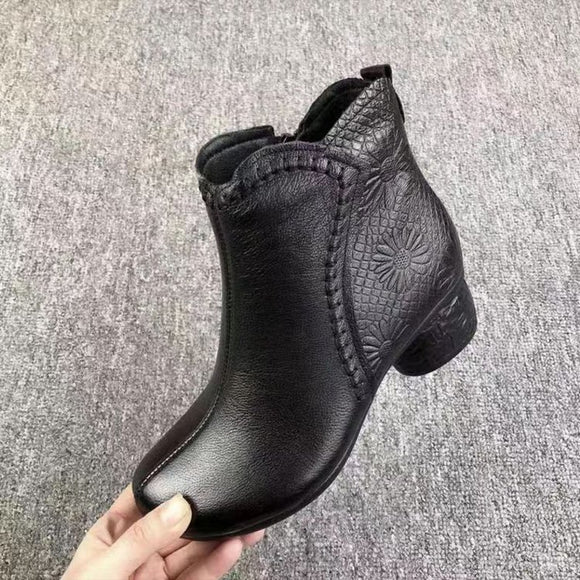 Women’s Ankle Boots Leather Elegant Soft-soled Chunky Heel Warm Fleece