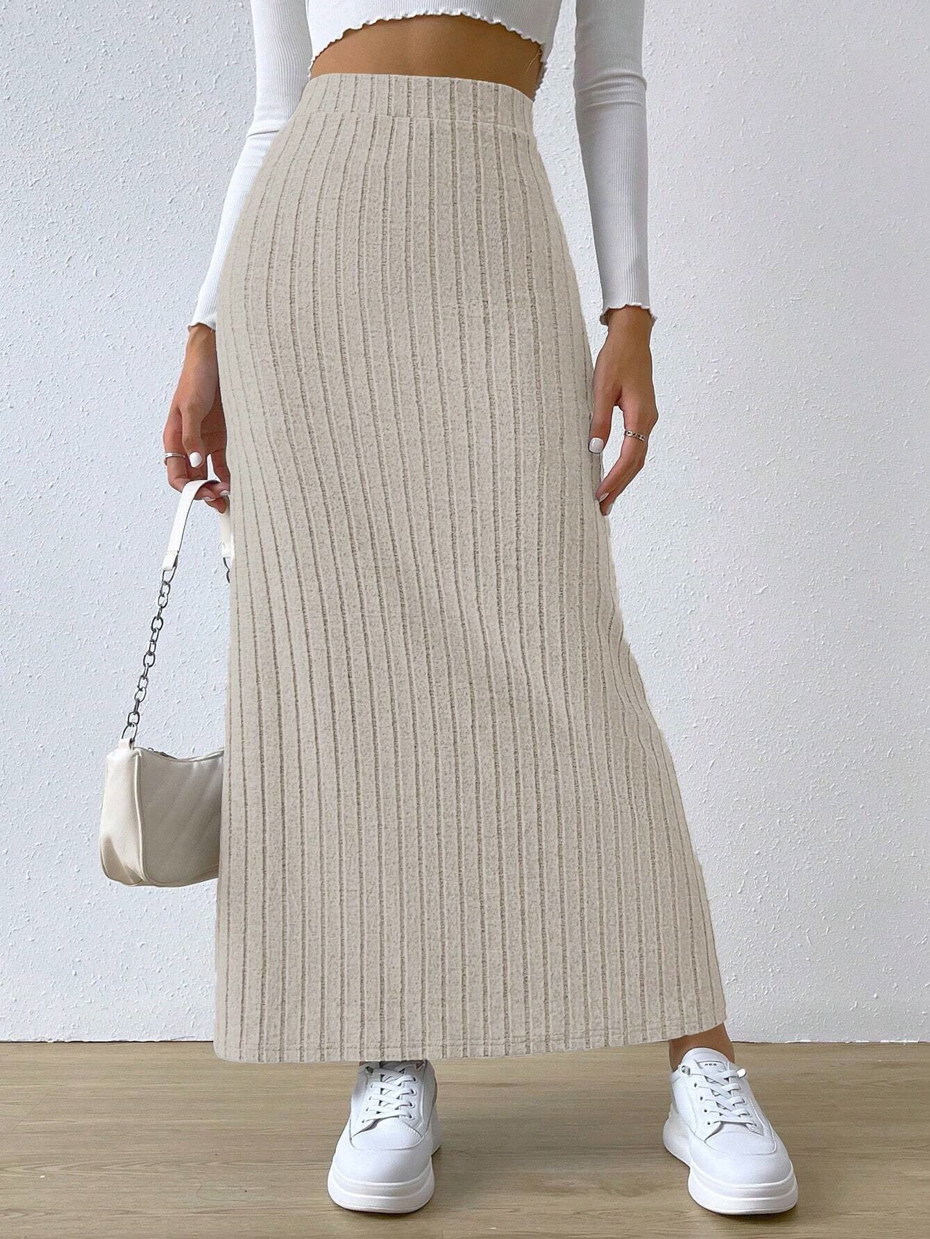 Women's spring long skirt, side slit, slim fit, knitted skirt, casual
