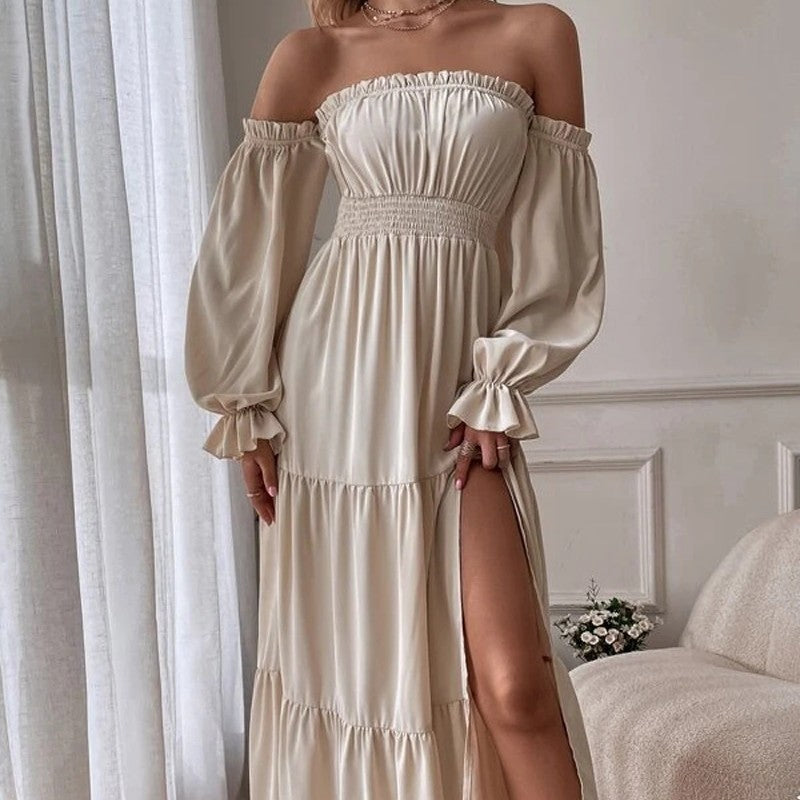 Women's maxi dress off shoulders ruffled long sleeves high slit